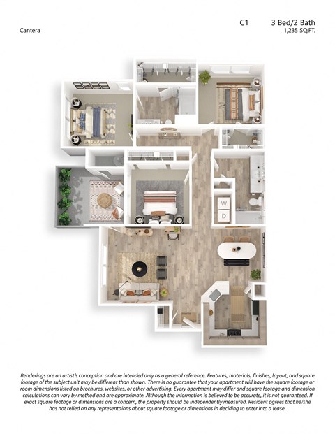 Floor plan for 3 beds, 2 baths, 1235 sqft